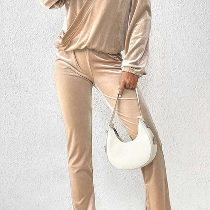 Velvet Elegance V-Neck Top and Slit Trousers Set