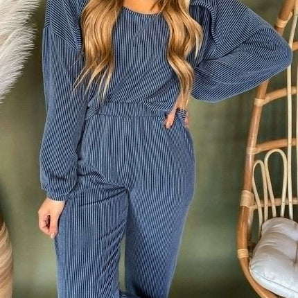 Trendy Blue Ribbed Lounge Set: Stylish Hoodie and Pants Duo for Everyday Comfort
