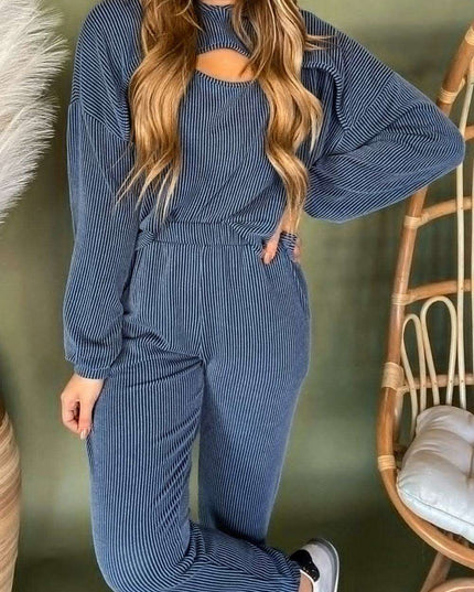 Trendy Blue Ribbed Lounge Set: Stylish Hoodie and Pants Duo for Everyday Comfort