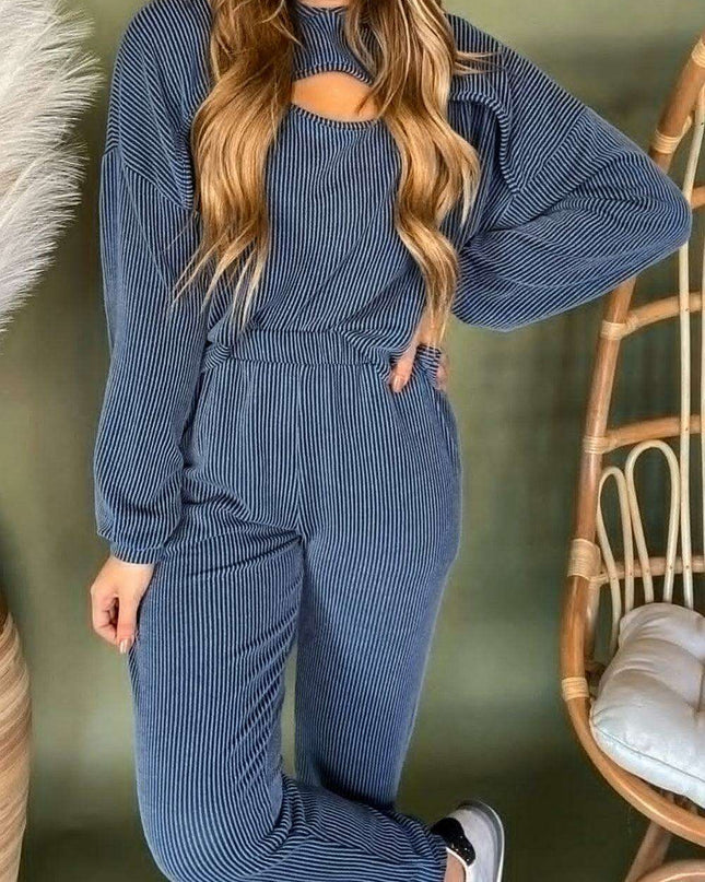 Trendy Blue Ribbed Lounge Set: Stylish Hoodie and Pants Duo for Everyday Comfort