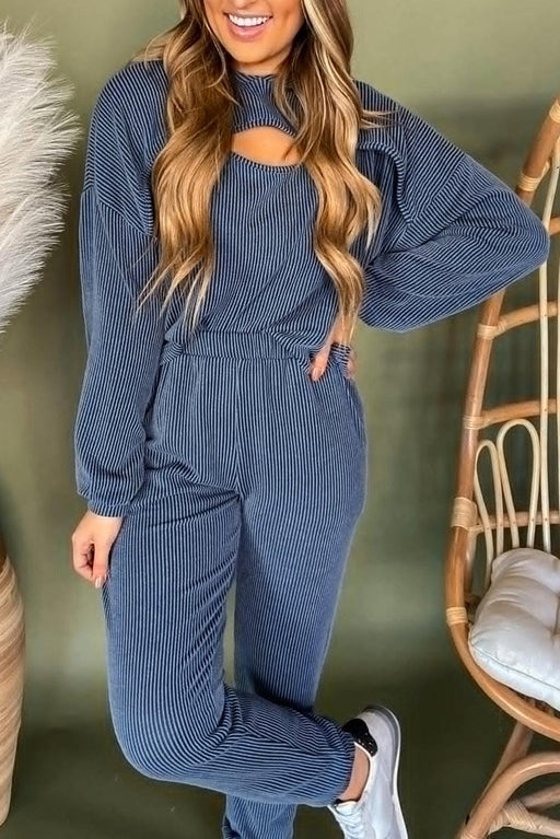 Blue Ribbed Hoodie and Pants Set - Versatile Casual Outfit