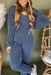 Blue Ribbed Hoodie and Pants Set with Hollow-out Design