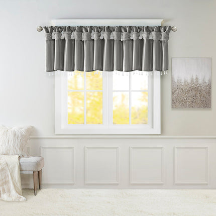 Room and Decor Lightweight Charcoal Faux Silk Valance with Beads 50x26