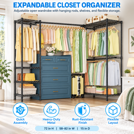 Carbon Steel Expandable Corner Clothes Rack — L-Shape & I-Shape, 58–82″W × 72″H Reach-In Closets carbon-steel-expandable-corner-clothes-rack-l-shape-i-shape Furniture > Bedroom Furniture > Wardrobes > Garment Racks