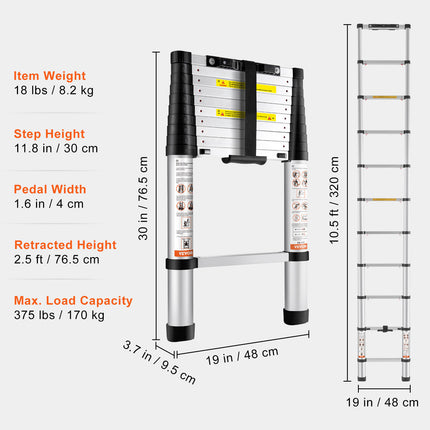 VEVOR 10.5 Ft Telescoping Aluminum Ladder - Portable & Multi-Purpose