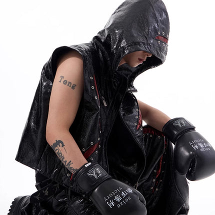 Peekaboo Studio Dark Sleeveless Hooded Vest Coat with Pockets & Zip Cl