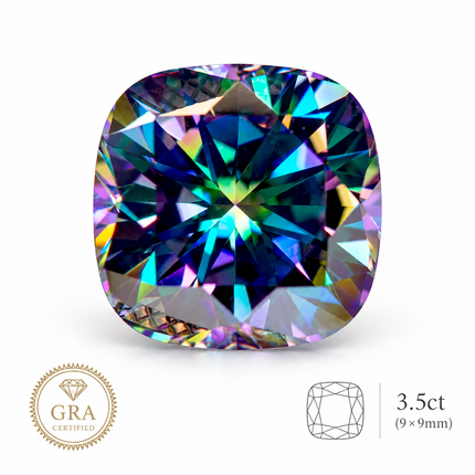 Rainbow Green Moissanite Cushion Cut Gemstone with GRA Certificate