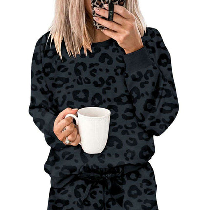 Chic Gray Leopard Satin Lounge Ensemble: Comfortable Two-Piece Homewear for Stylish Relaxation