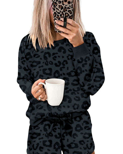 Chic Gray Leopard Satin Lounge Ensemble: Comfortable Two-Piece Homewear for Stylish Relaxation