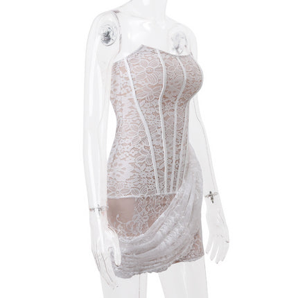 Peekaboo Studio Strapless Lace Dress with Back Lace-up & Slim Fit