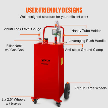 35 Gallon Fuel Caddy with Manual Pump & Wheels - Red