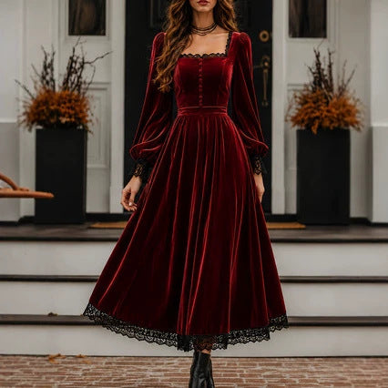 Peekaboo Studio Square-neck Velvet Dress with Lace Panels and Sleeves