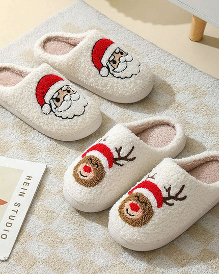 Christmas Home Slippers Cute Cartoon Santa Claus Cotton Slippers For Women And Men Couples Winter Warm Furry Shoes