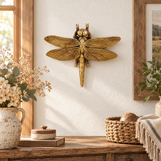 Large Golden Dragonfly Resin Wall Hanging