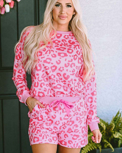 Chic Satin Pink Leopard Print Pajama Set with Bow and Shorts for Ultimate Comfort