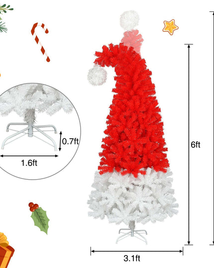 6FT Artificial Christmas Tree With LED Light, Santa's Hat Shape Artificial Whimsical Xmas Tree With 1050 Tip, Curved Xmax Tree