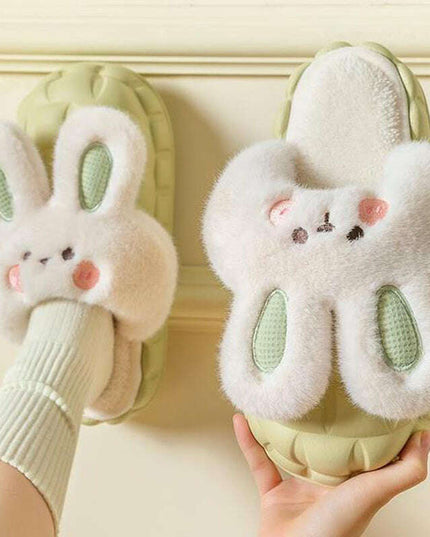 Cute Rabbit Shoes Winter Fuzzy Slippers Women Detachable Washable House Shoes