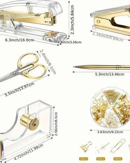 Elegant Golden Acrylic Office Accessory Set with Stapler, Tape Dispenser, Scissors, and 1000 Staples