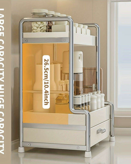 Elegant Milk White Stainless Steel Spice Organizer with Drawers, Chopping Board, and Utensil Holder for Home and Commercial Kitchens