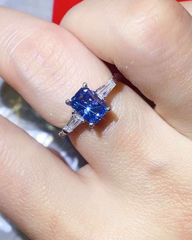 Stunning Blue Rectangular Lab-Diamond Ring in Platinum - A Luxurious Statement with Zircon Accents