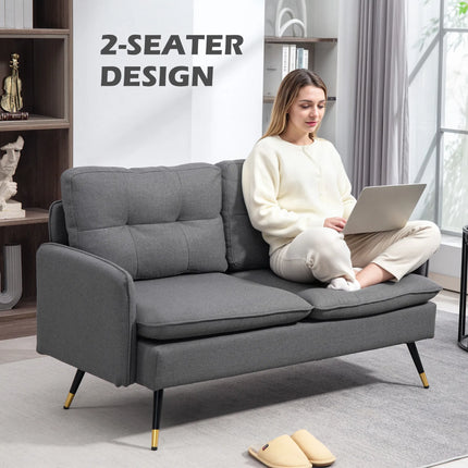 Dark Grey Button-Tufted Loveseat with Black and Gold Steel Legs, 139 cm
