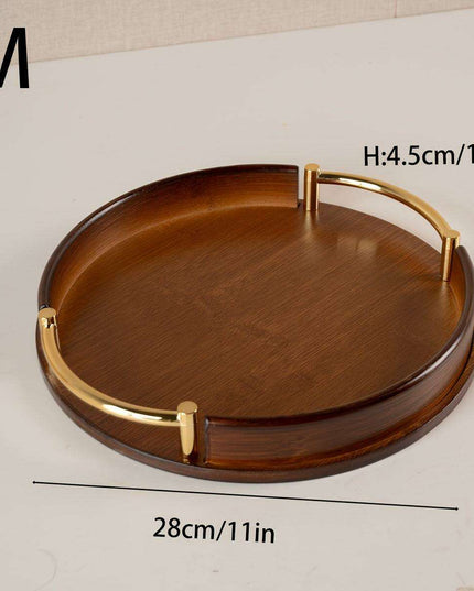 Chic Round Bamboo and Wood Serving Tray with Sturdy Metal Handle - Space-Saving Stackable Ottoman for Home Style