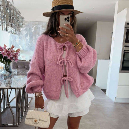 2024 Casual Knitted Bow Lace Up Cardigan Women Solid O-neck Short Sleeve Hollow Out Sweater Female Autumn Lady Solid Streetwear