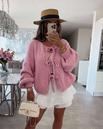 2024 Casual Knitted Bow Lace Up Cardigan Women Solid O-neck Short Sleeve Hollow Out Sweater Female Autumn Lady Solid Streetwear