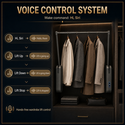 Intelligent Touch, Sensor & Voice Control Electric Wardrobe Lift — Aluminum, 15kg, Extendable 600–900mm / 900–1200mm