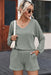 Grass Green Corded V Neck Slouchy Top Pocketed Shorts Set