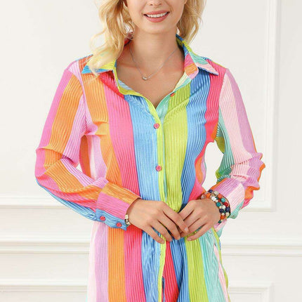 Colorful Crinkle Shirt and Shorts Ensemble with Playful Rainbow Stripes