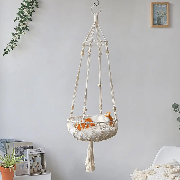 Spacious Macrame Pet Hammock - Stylish Hanging Swing Bed for Cats and Dogs, Cozy Home Accessory, Perfect Gift for Furry Friends