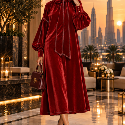 Peekaboo Studio High-Neck Velvet Dress with Bow & Elegant Design