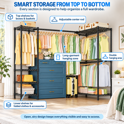 Carbon Steel Expandable Corner Clothes Rack — L-Shape & I-Shape, 58–82″W × 72″H Reach-In Closets carbon-steel-expandable-corner-clothes-rack-l-shape-i-shape Furniture > Bedroom Furniture > Wardrobes > Garment Racks