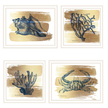 Bluebird Barn 4 Pc Gold Sea Wall Art Set - Framed Prints for Home Deco