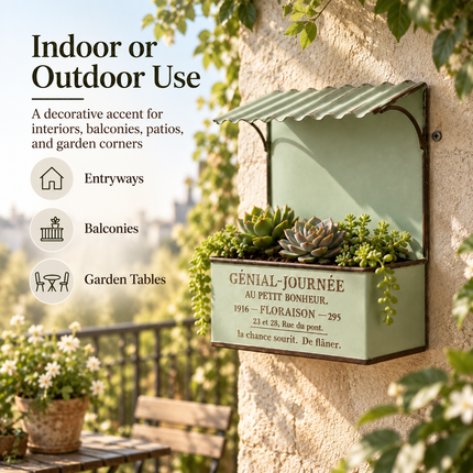 House-Shaped Metal Planter Box — French-Design Text Roof, Vintage Distressed Finish