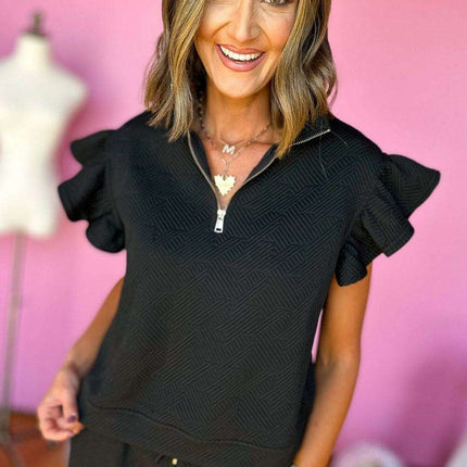 Chic Black Flutter Sleeve Top and Wide-Leg Trousers Ensemble