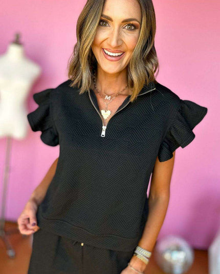 Chic Black Flutter Sleeve Top and Wide-Leg Trousers Ensemble