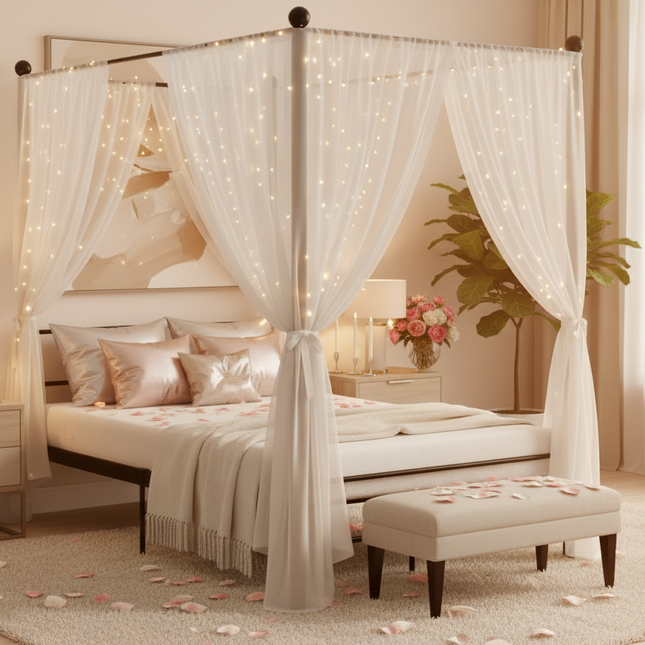 Peekaboo Studio Elegant Canopy Bed with Adjustable Height & Soft Drape