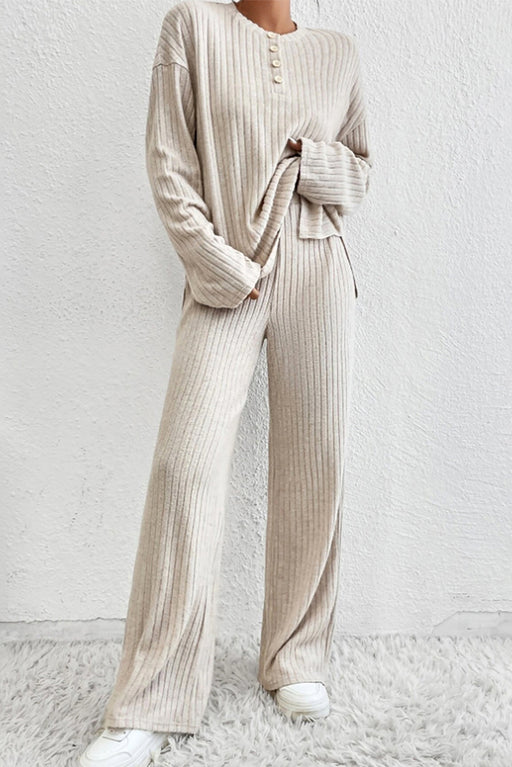 Cozy Beige Ribbed Henley Top and Wide Leg Pants Set