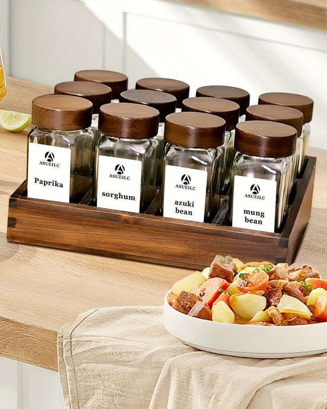 Elegant Acacia Wood Spice Jar Collection with Glass Containers - Includes Shaker Lids, Waterproof Labels, Funnel & Brush - Perfect for Home and Restaurant Use (12/24 Pieces)