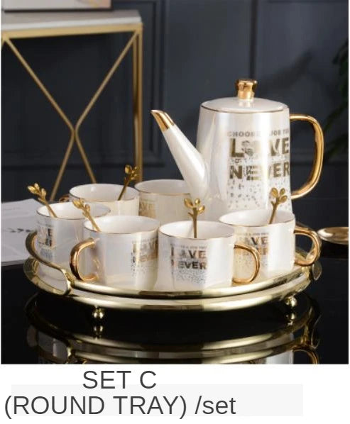 Korean Style Ceramic Tea and Coffee Set with Bone China Pot and Cups
