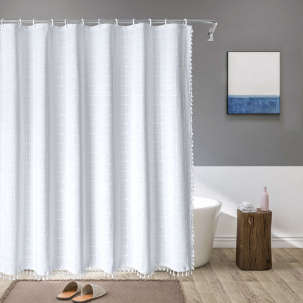 Peekaboo Studio Waterproof Tencel-Linen Checkered Tassel Shower Curtain