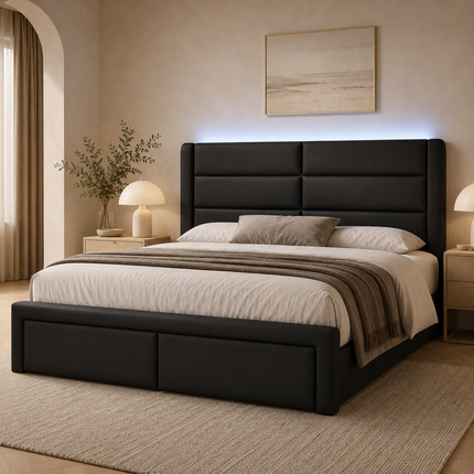 Queen Upholstered Bed Frame with LED Lighting & Faux Leather Headboard — No Box Spring Needed Platform Beds & Bed Frames queen-upholstered-bed-frame-with-led-lights-faux-leather-no-box-spring-needed-black Furniture > Bedroom Furniture > Beds & Bed Frames