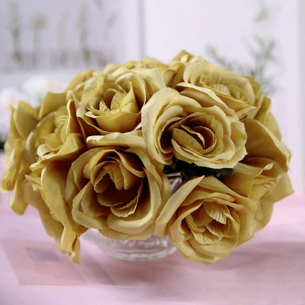 AliKopy 12" Gold Velvet-Like Artificial Rose Bouquet, Lifelike Design