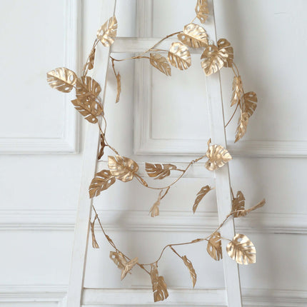 AliKopy 7ft Metallic Gold Monstera Leaf Vine - Faux Tropical Garland