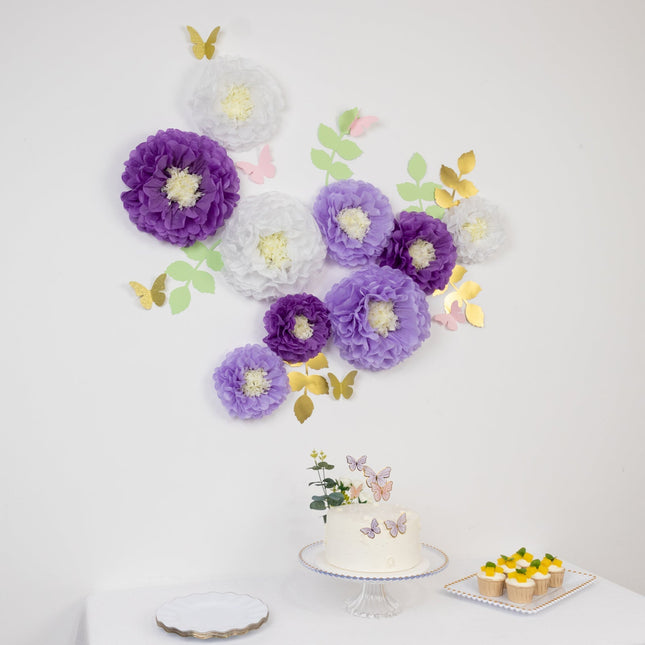 AliKopy 21-Piece Tissue Paper Flower Decor Kit - White & Purple, 3D De
