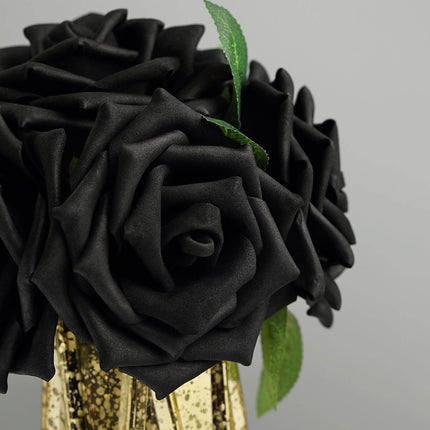 AliKopy 24 Black Foam Roses - 5" with Stem Wire & Realistic Leaves
