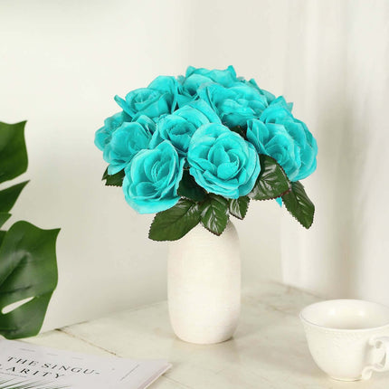 AliKopy 12" Turquoise Velvet-Like Artificial Rose Bouquet - Realistic