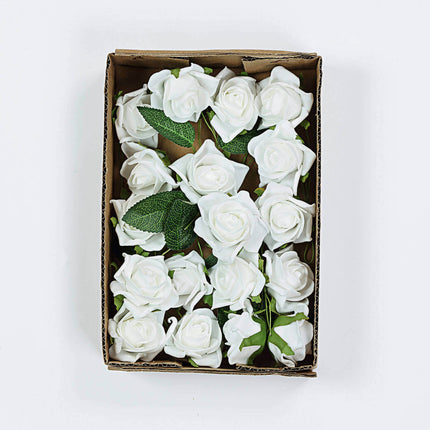 AliKopy 24 White Foam Roses - Realistic Look with Stem Wire & Leaves